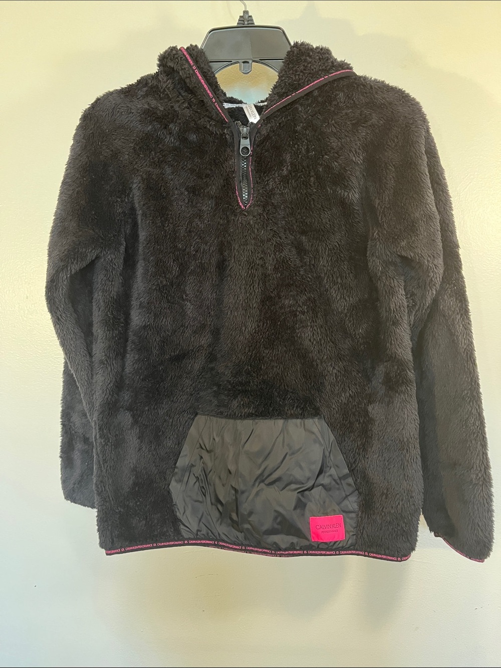 Calvin Klein Black Plush Hooded Pullover with Pink Trim
